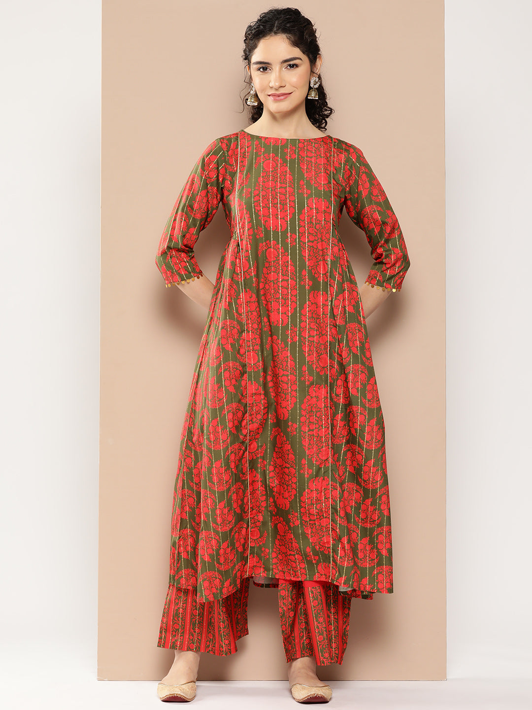 Ahalyaa Women Floral Printed Panelled Sequinned Kurta with Palazzos