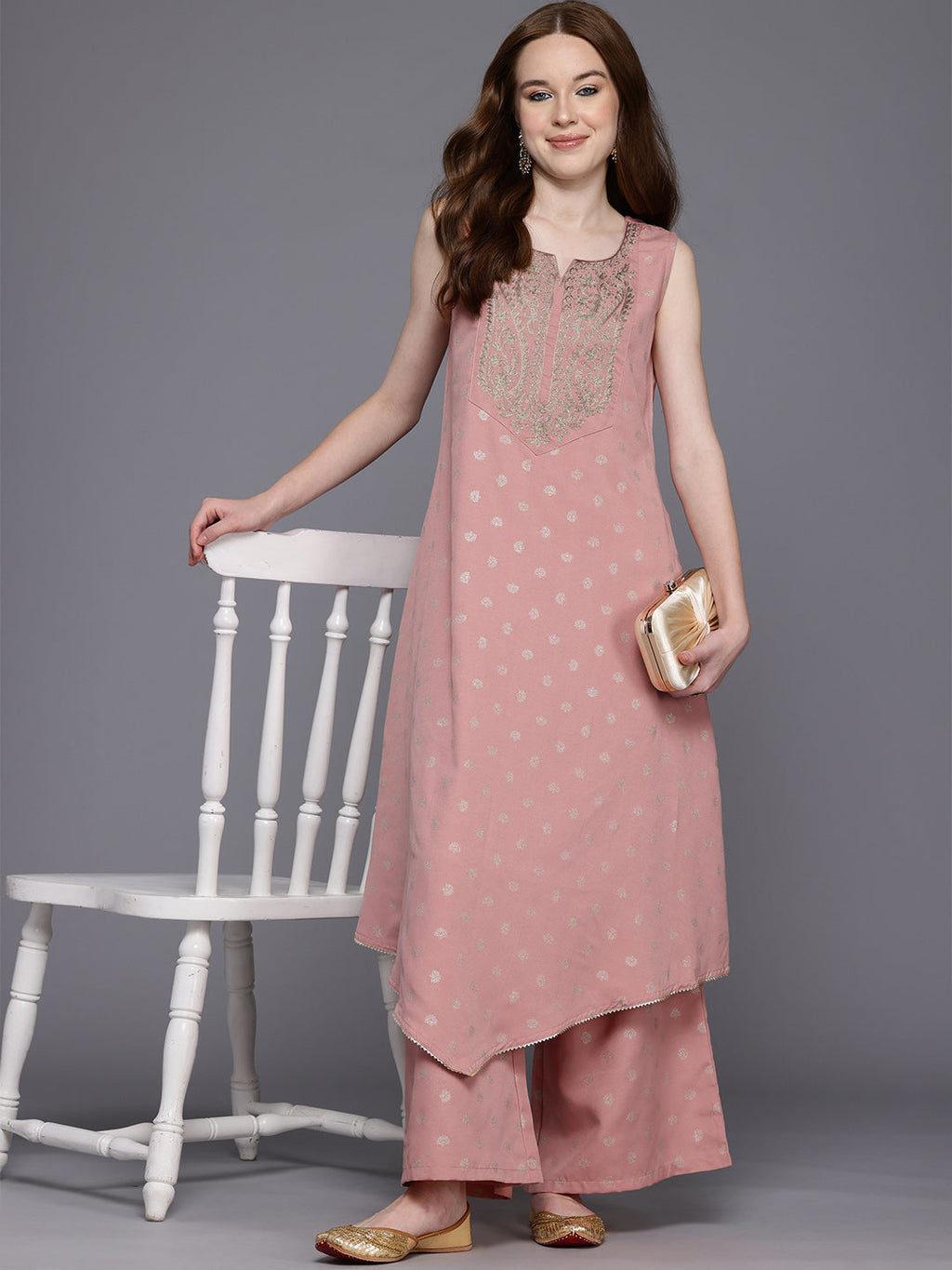 Women Ethnic Motifs Printed Zari Kurta with Palazzos-AH