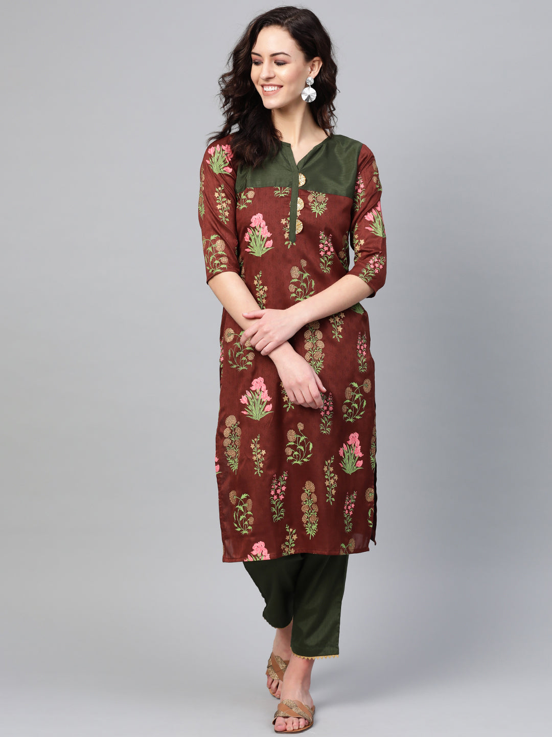 Brown & Olive Green Printed Kurta with Palazzo