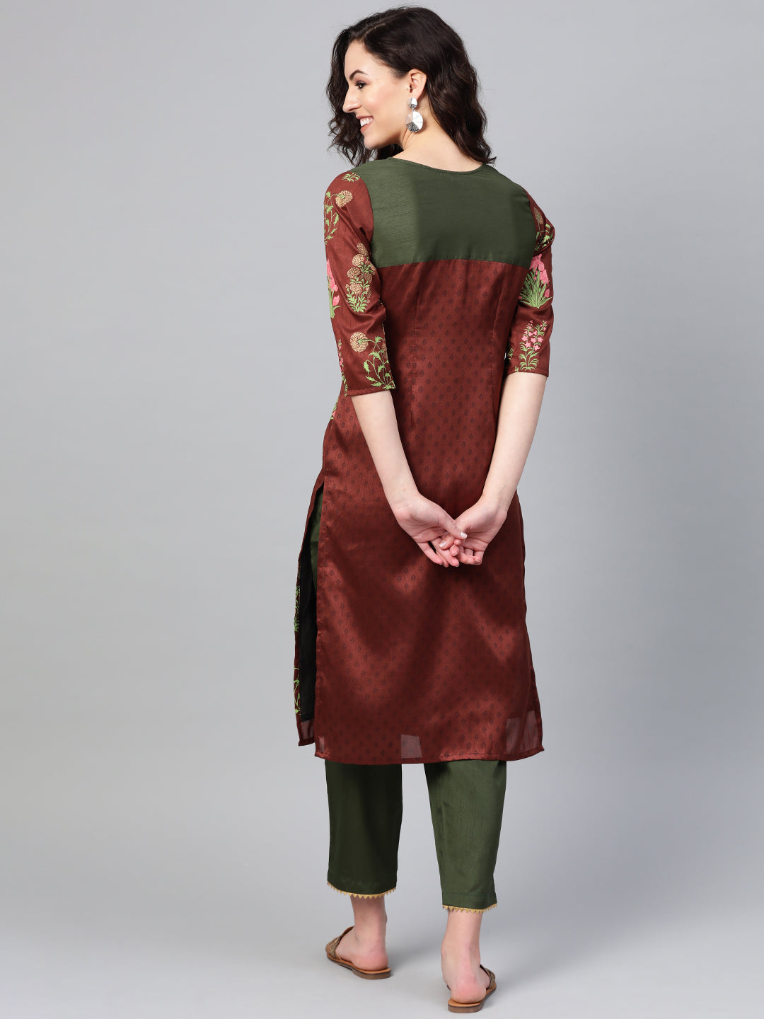 Brown & Olive Green Printed Kurta with Palazzo