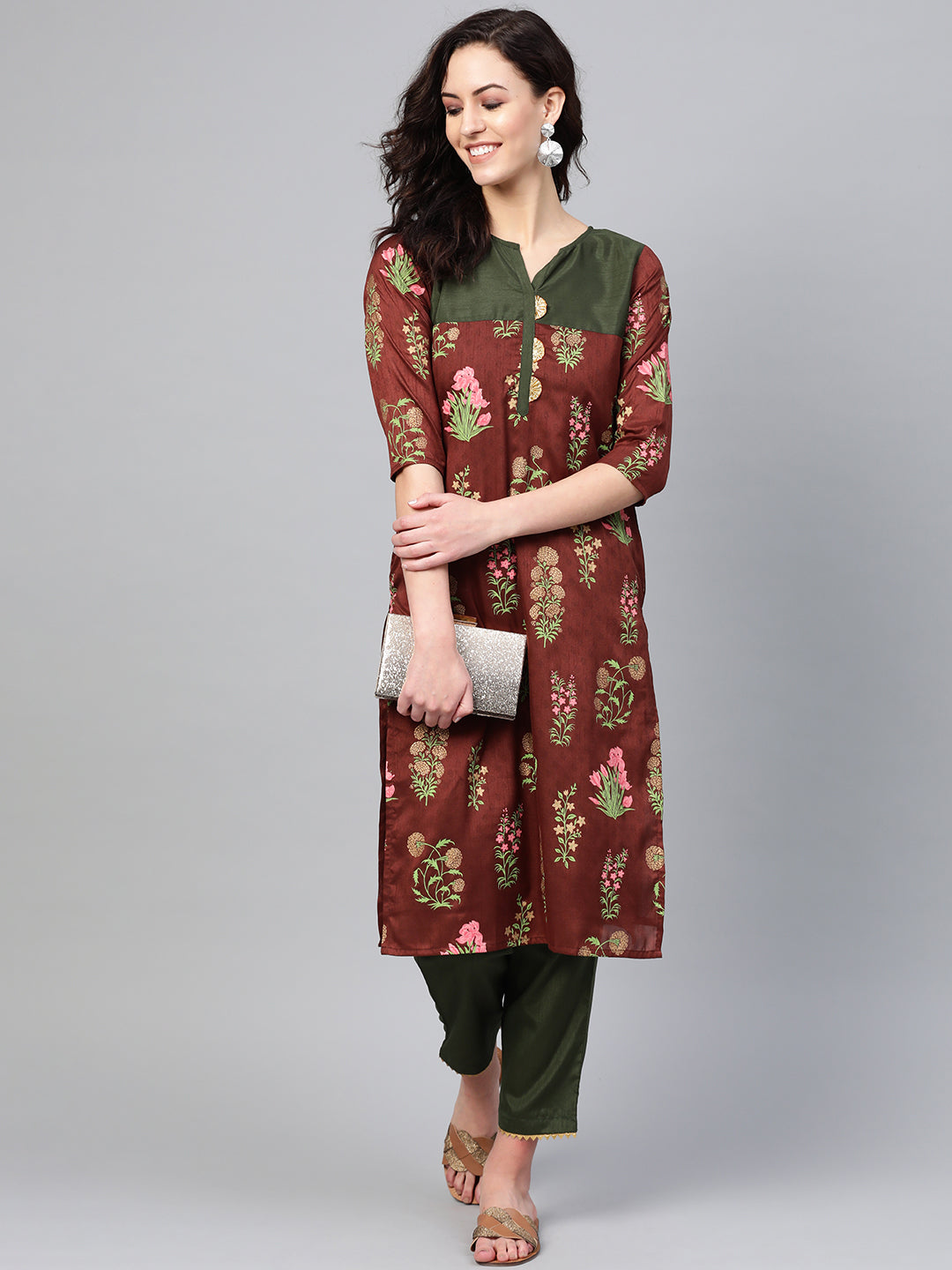 Brown & Olive Green Printed Kurta with Palazzo