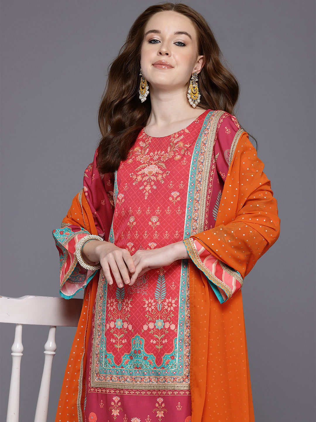 Floral Printed Gotta Patti Kurta With Palazzos & Dupatta