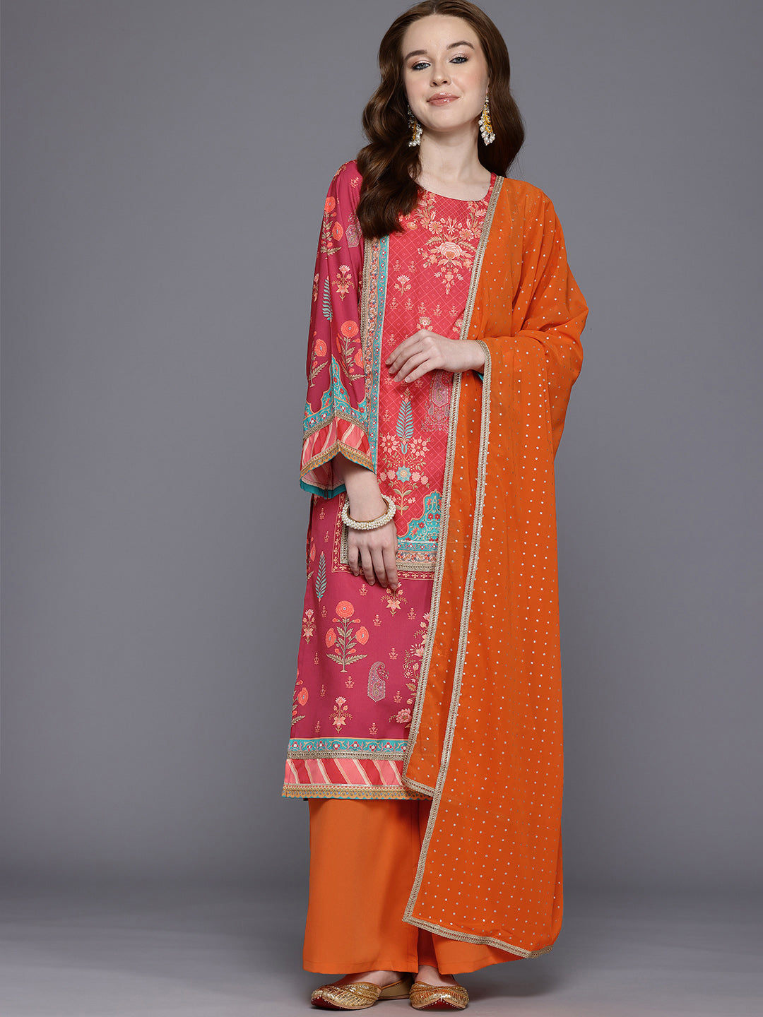 Floral Printed Gotta Patti Kurta With Palazzos & Dupatta