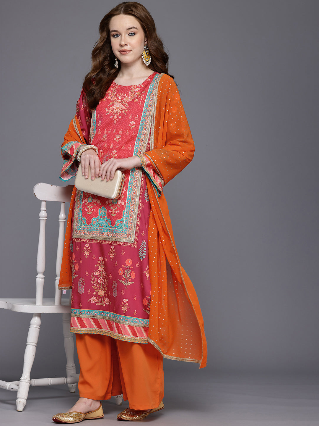 Floral Printed Gotta Patti Kurta With Palazzos & Dupatta