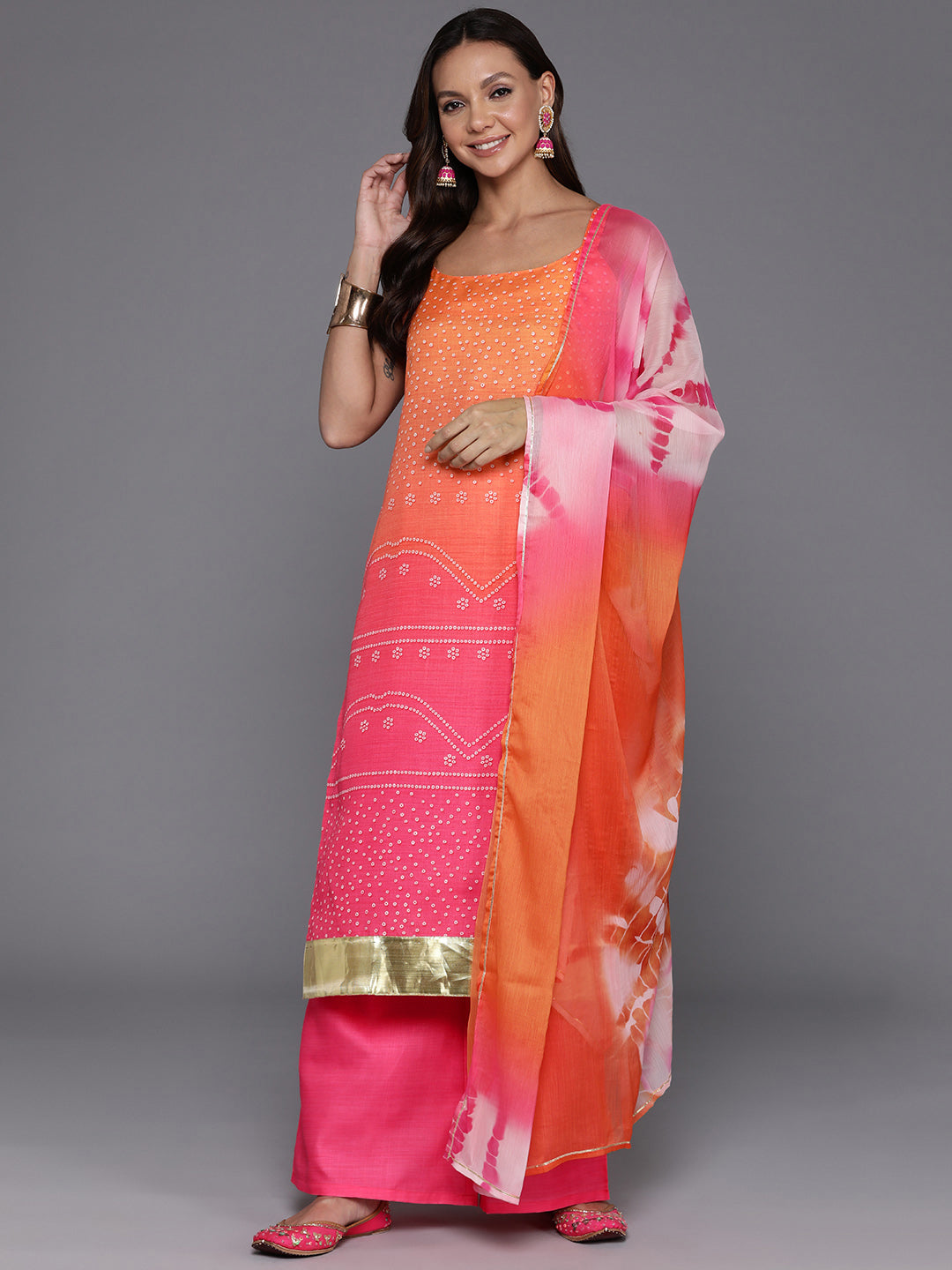 Women Bandhani Printed Regular Gotta Patti Kurta with Palazzos & With Dupatta