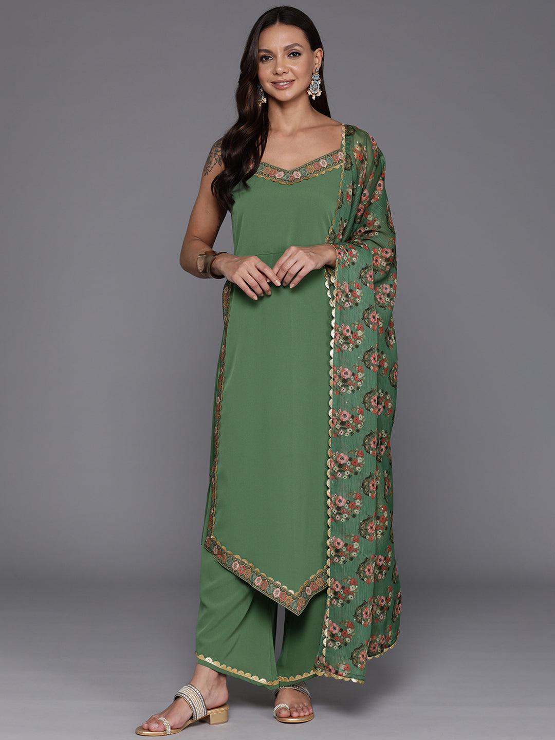 Women Floral Yoke Design Panelled Gotta Patti Kurta with Palazzos & With Dupatta