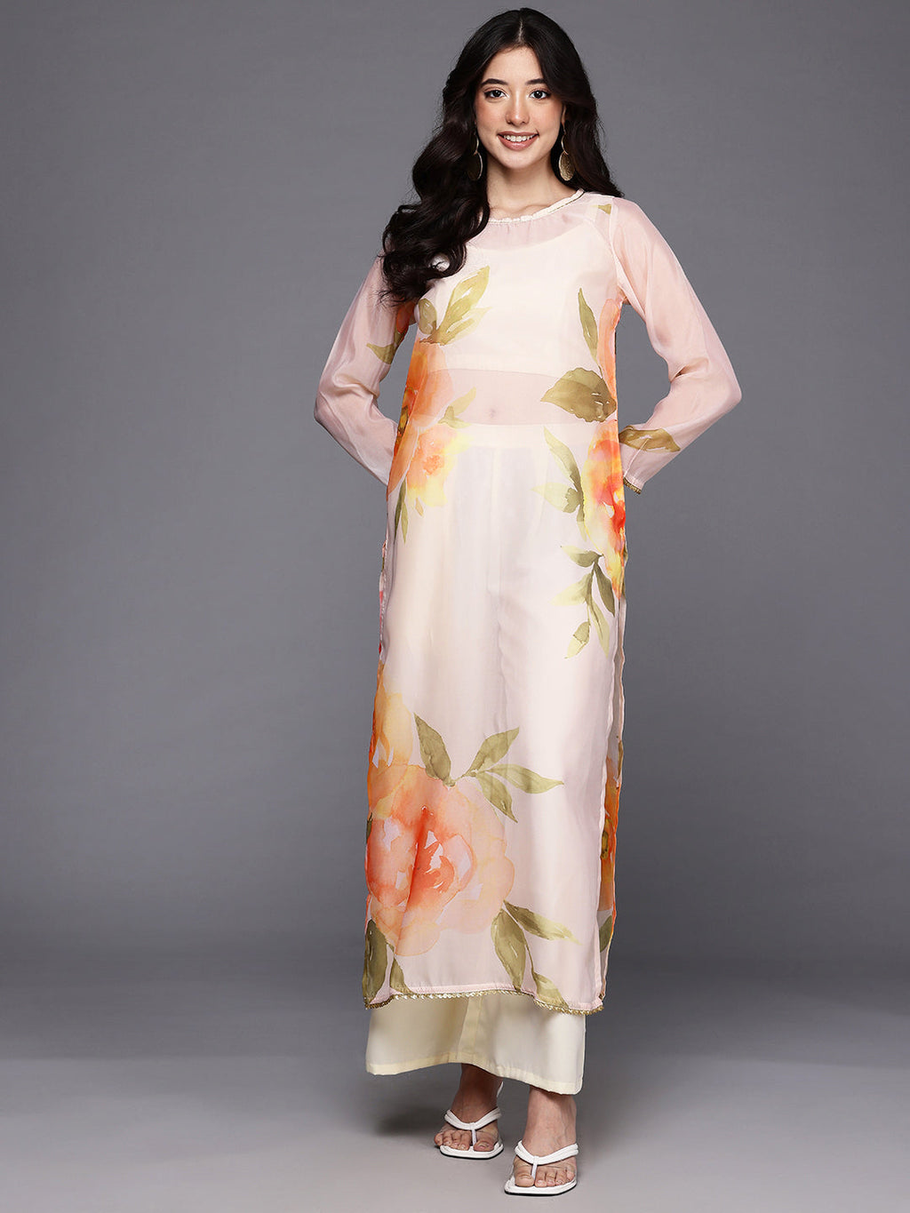 Floral Printed Regular Sequinned Kurta with Palazzos-AH