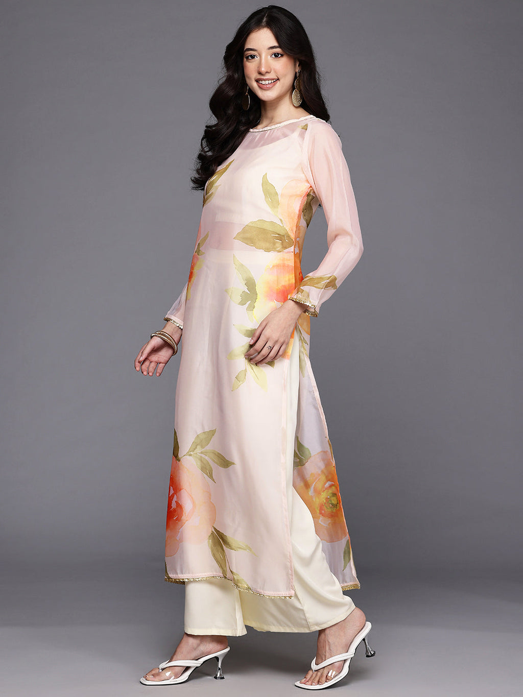 Floral Printed Regular Sequinned Kurta with Palazzos-AH