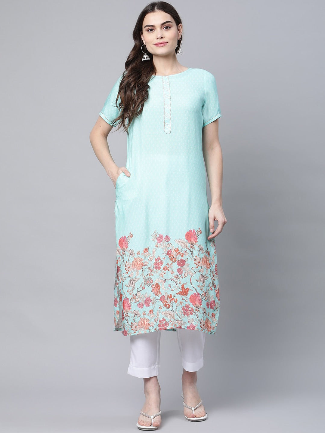 Blue Floral Printed Gotta Patti Kurta