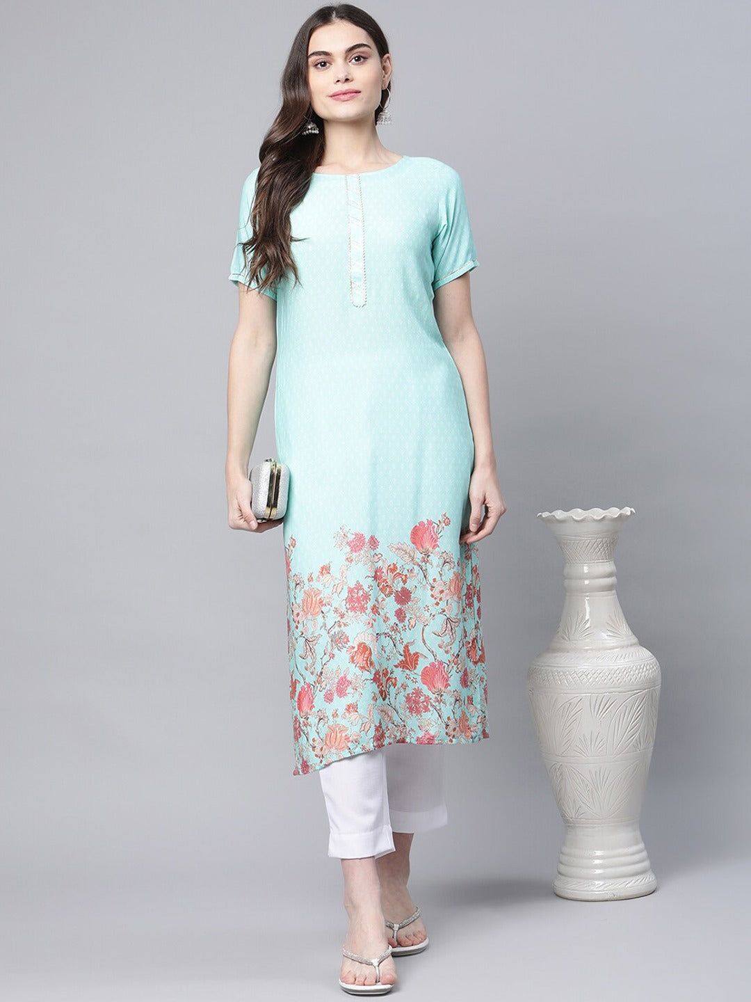 Blue Floral Printed Gotta Patti Kurta