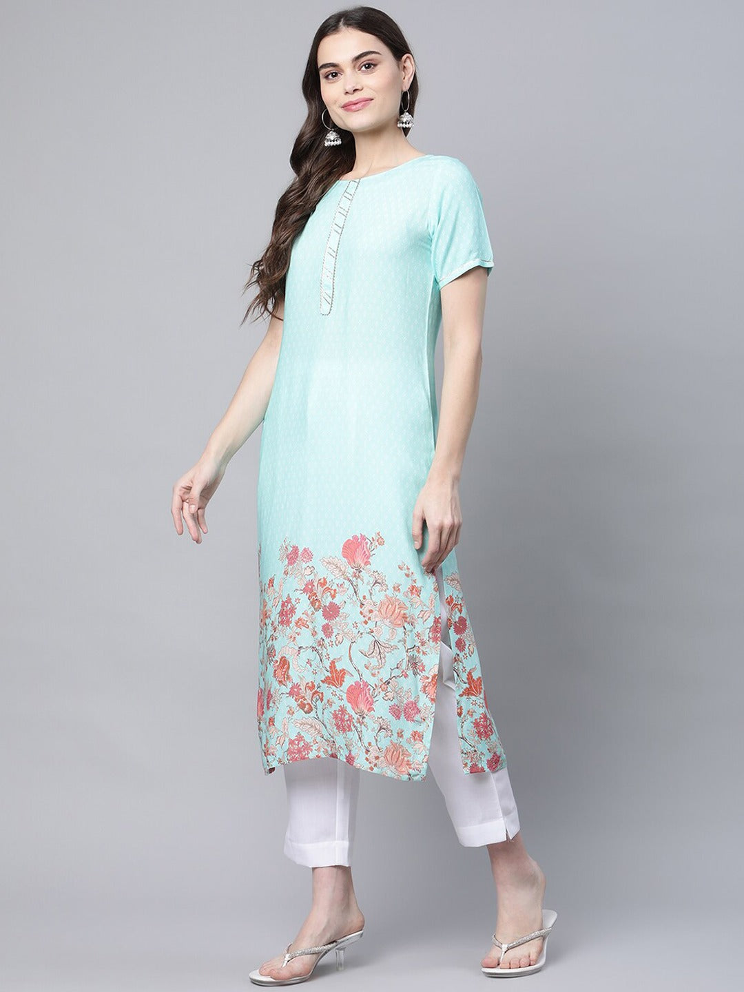 Blue Floral Printed Gotta Patti Kurta