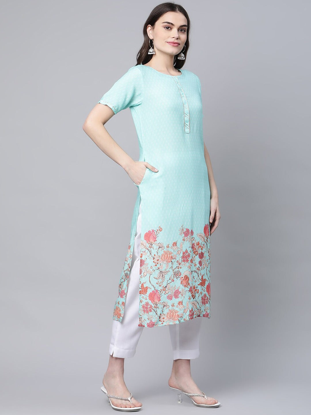 Blue Floral Printed Gotta Patti Kurta