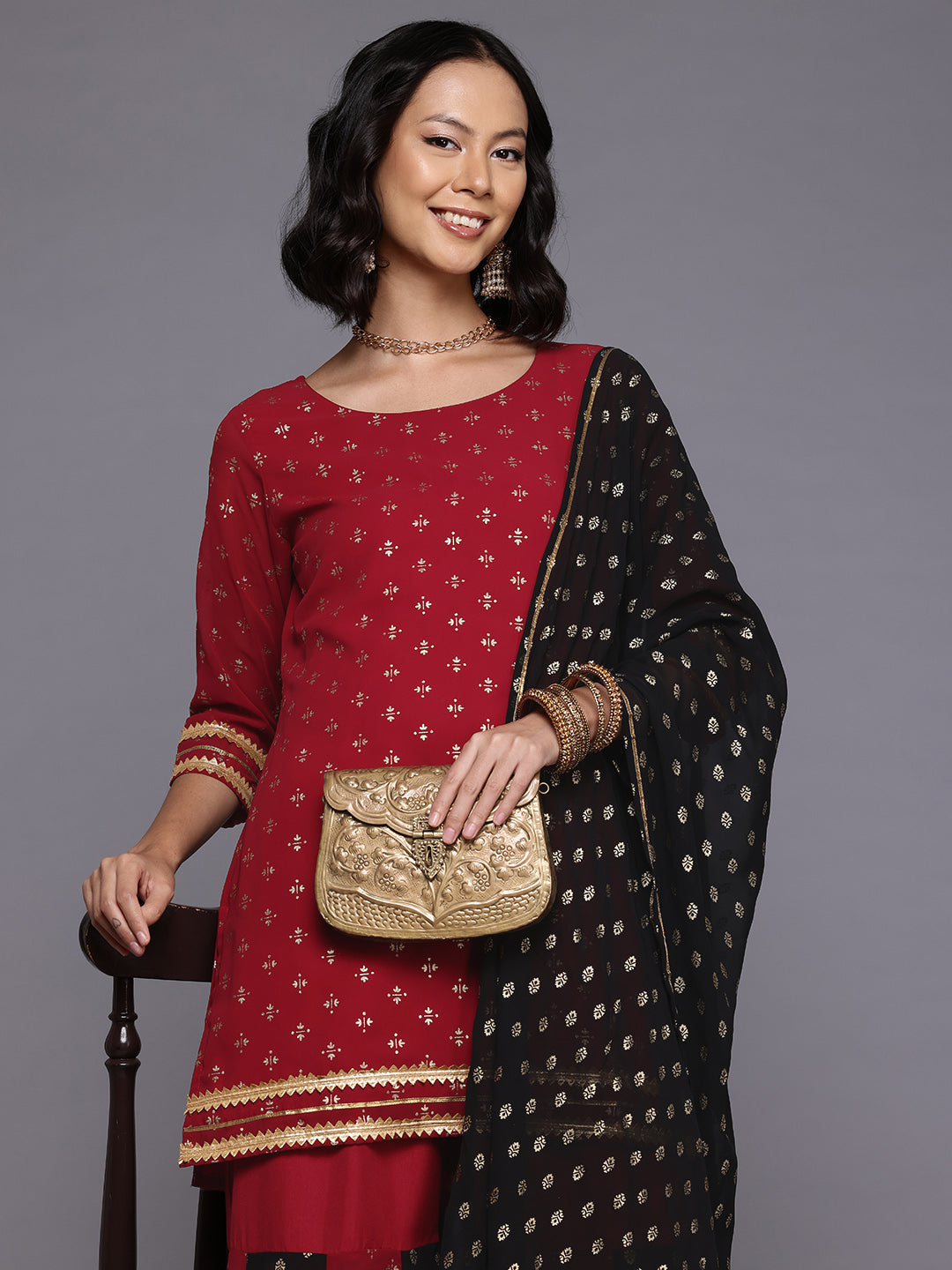 Ethnic Motifs Printed Gotta Patti Kurti With Sharara & Dupatta