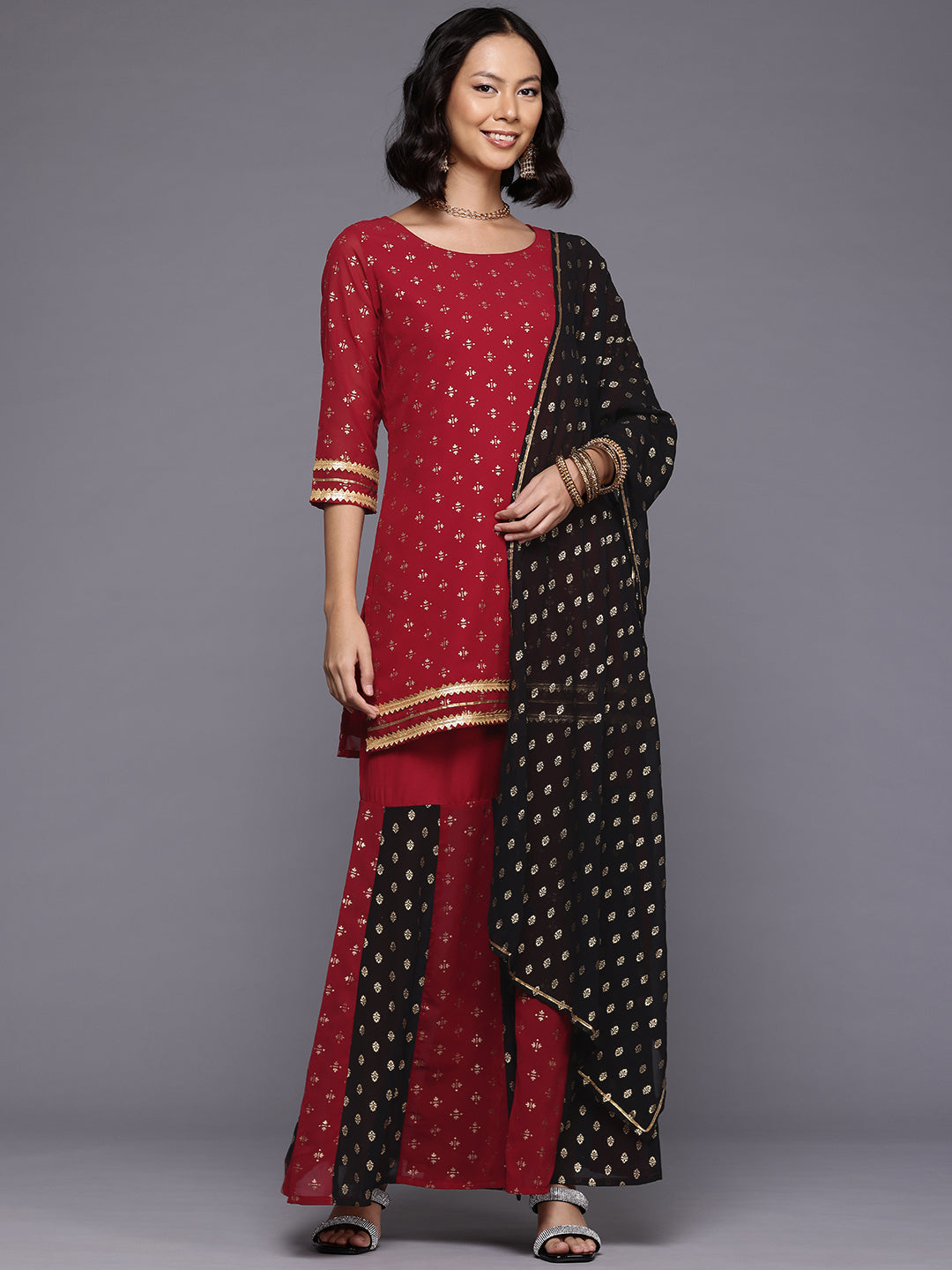 Ethnic Motifs Printed Gotta Patti Kurti With Sharara & Dupatta