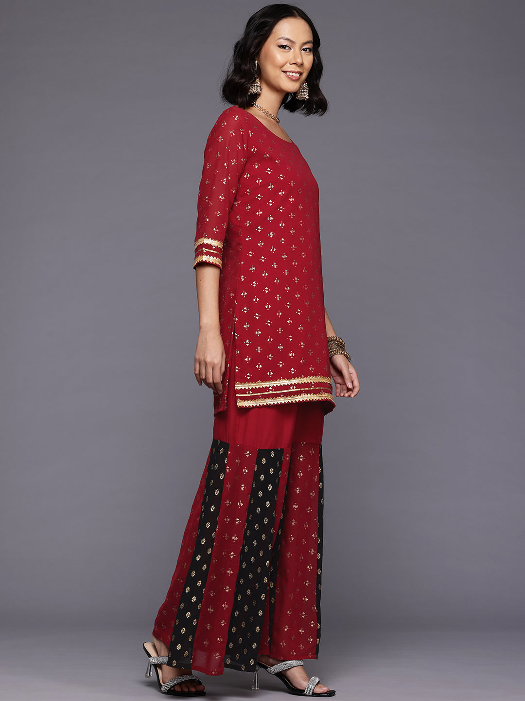 Ethnic Motifs Printed Gotta Patti Kurti With Sharara & Dupatta