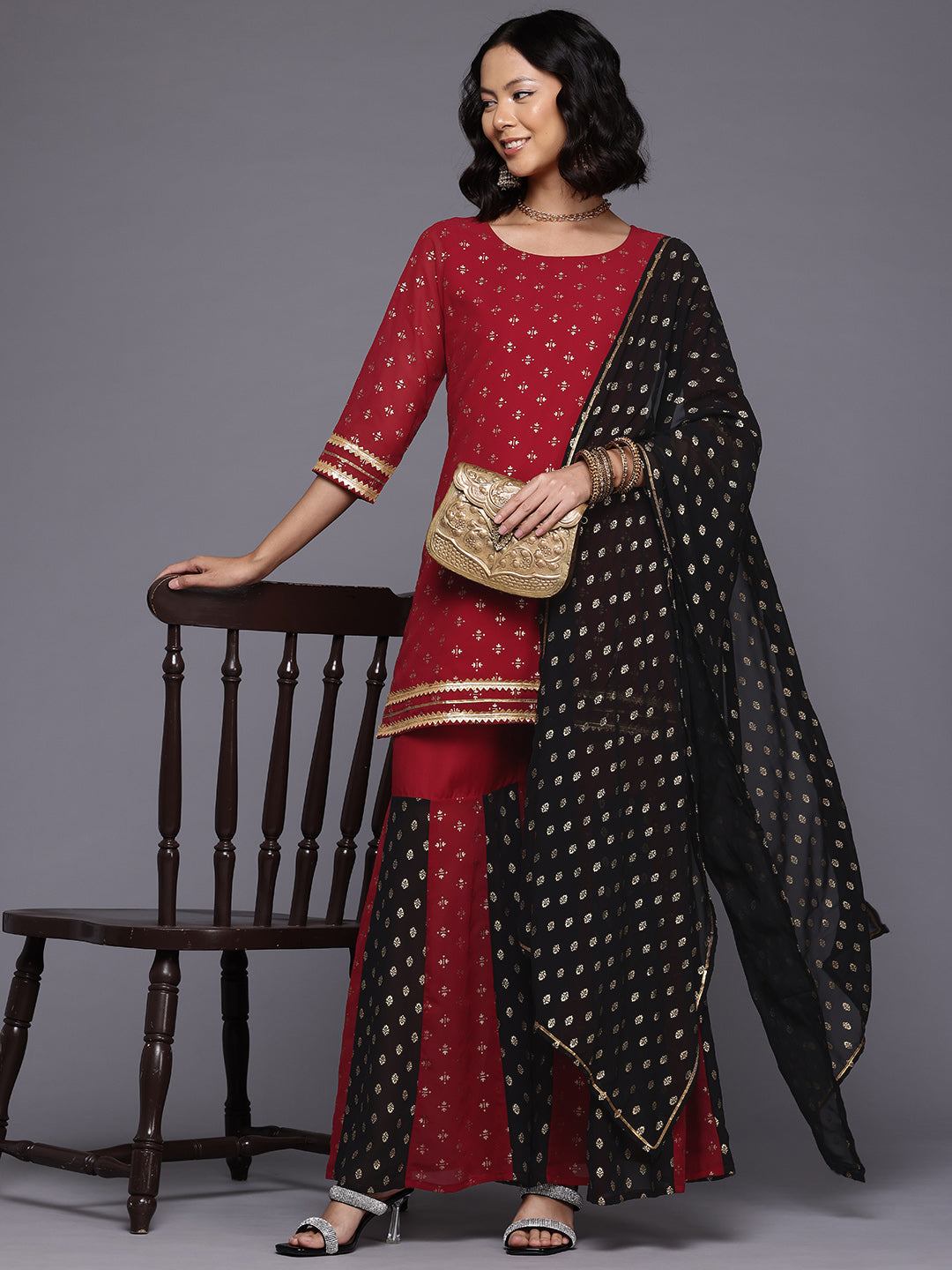 Ethnic Motifs Printed Gotta Patti Kurti With Sharara & Dupatta