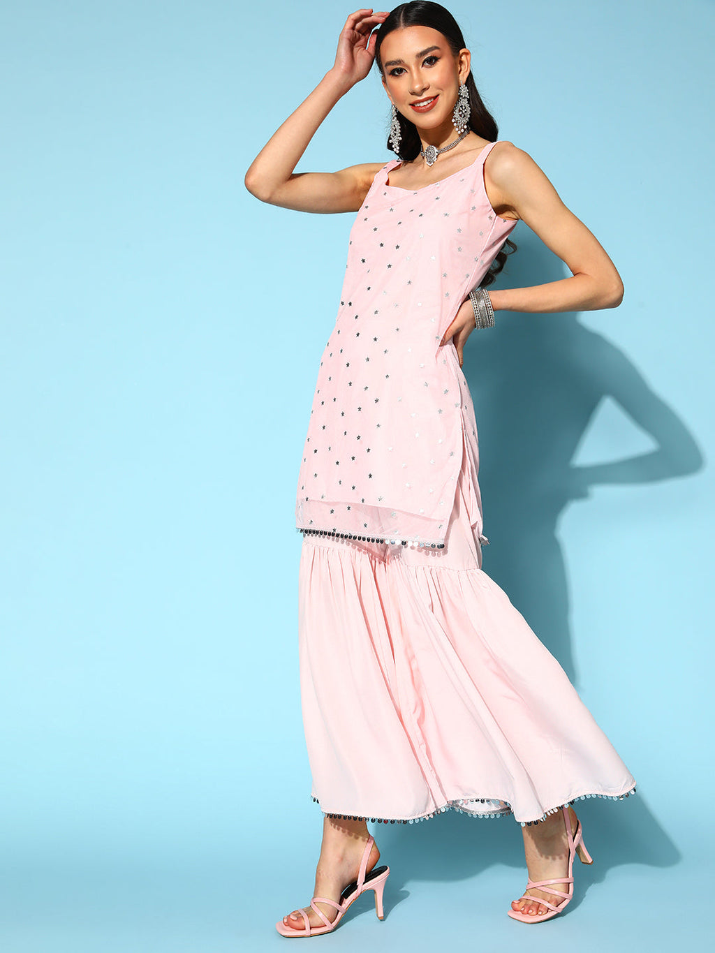 Women's Pink Printed Top to Toe Fusion Sharara Set with Dupatta-AH