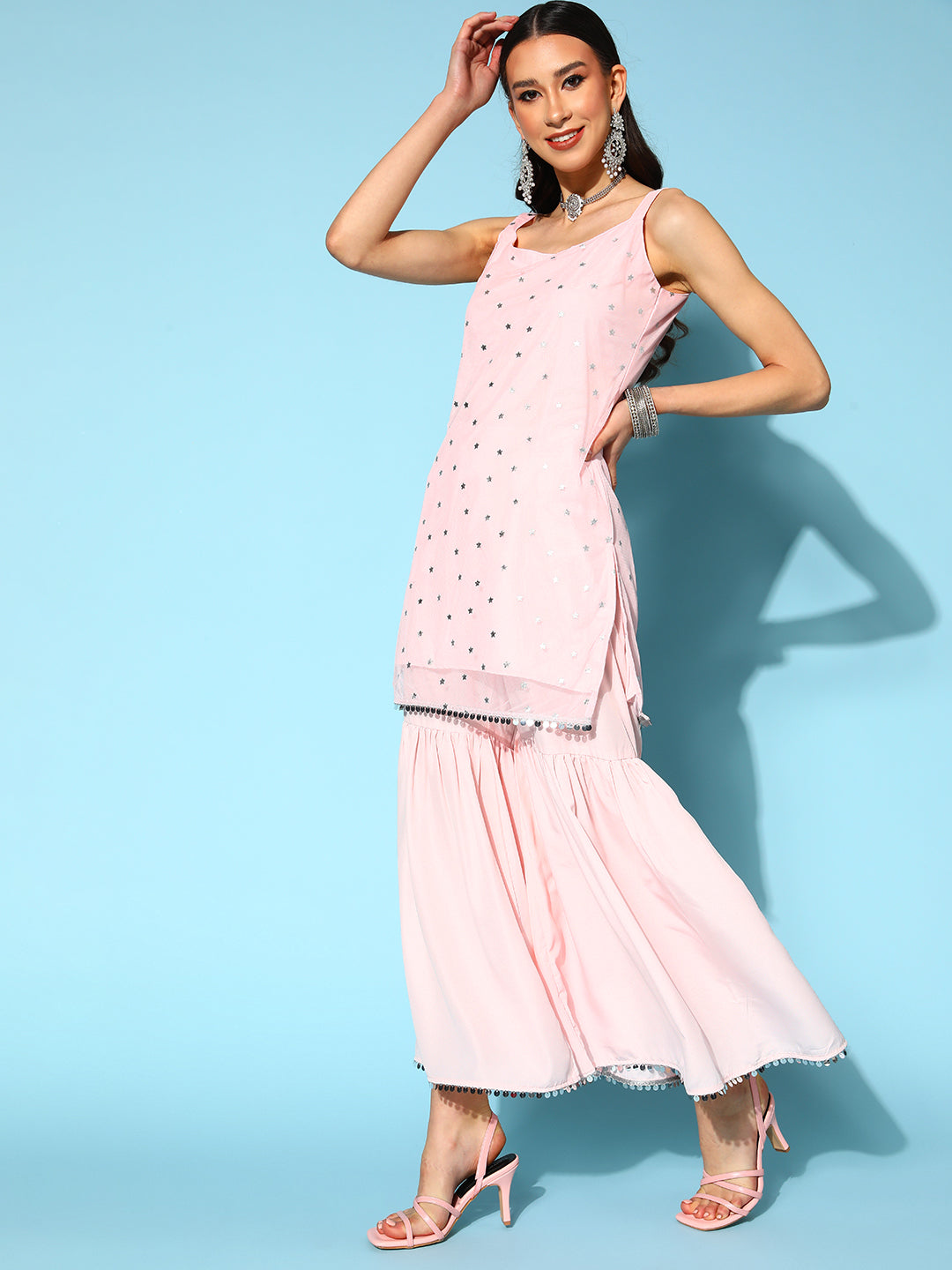 Women's Pink Printed Top to Toe Fusion Sharara Set with Dupatta-AH