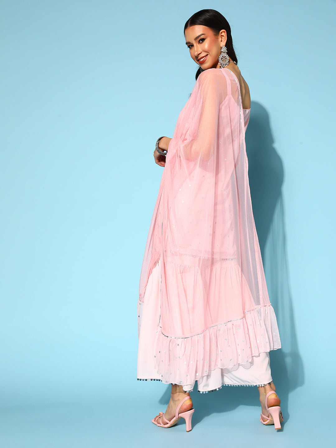 Women's Pink Printed Top to Toe Fusion Sharara Set with Dupatta-AH