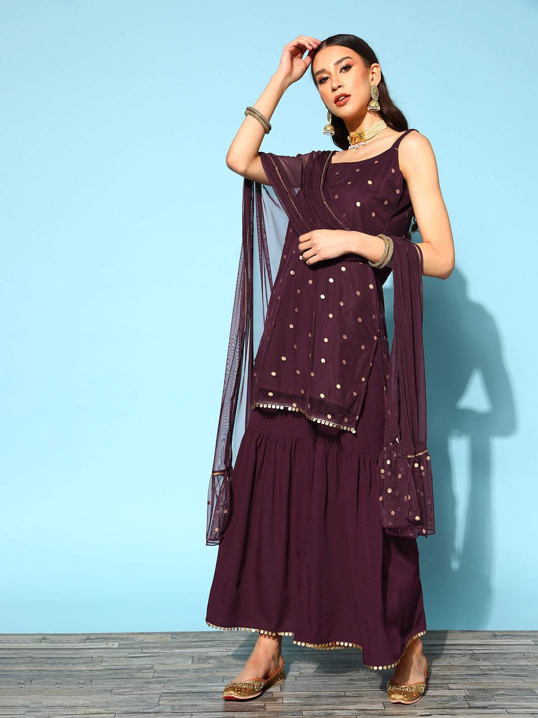 Women's Burgundy Top to Toe Fusion Sharara Set With Dupatta