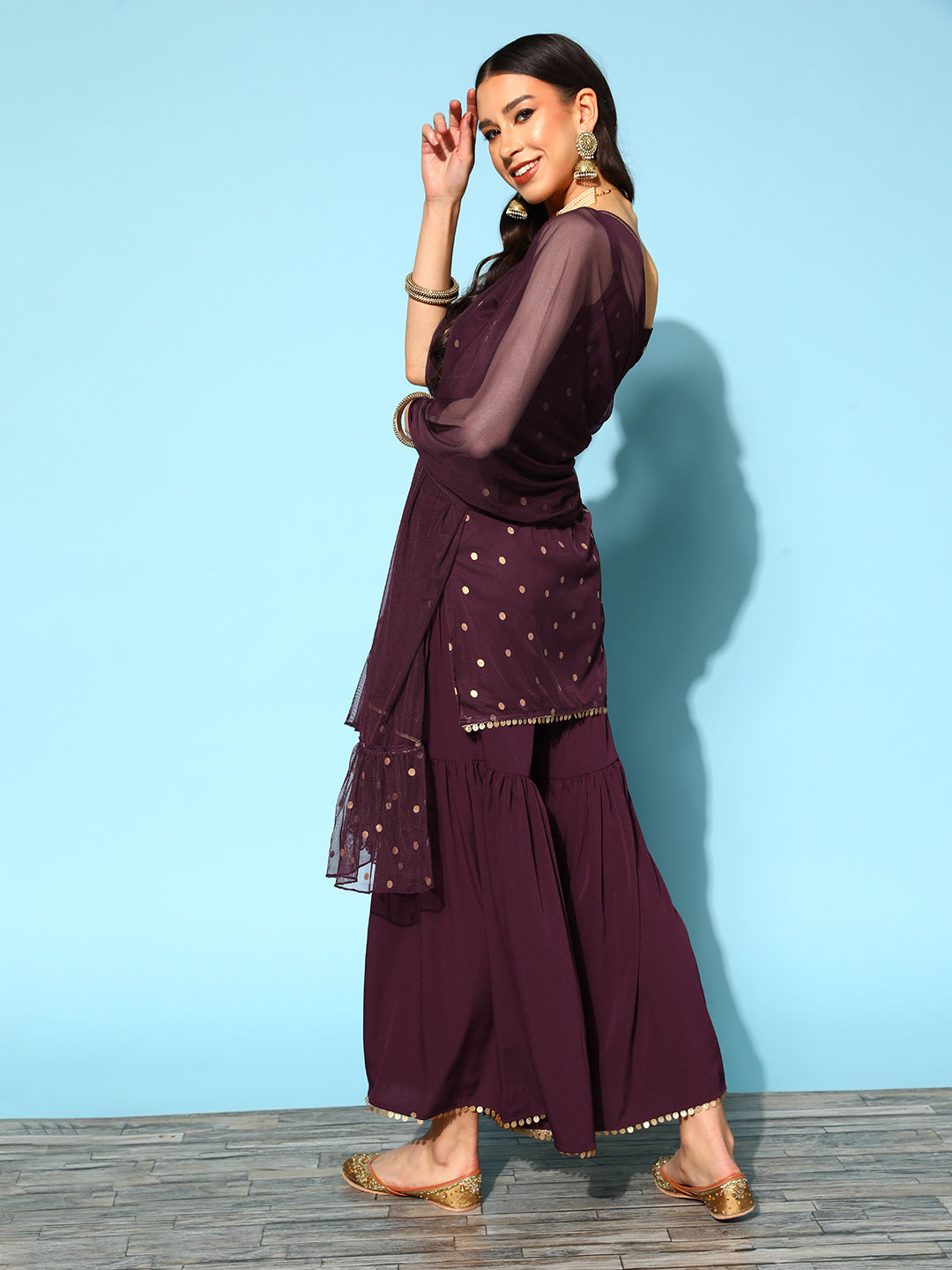 Women's Burgundy Top to Toe Fusion Sharara Set With Dupatta