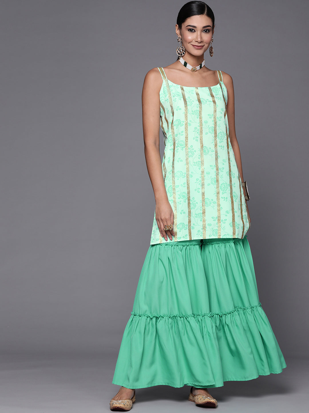 Women's Green & Gold Floral Printed & Striped Straight Sharara Set