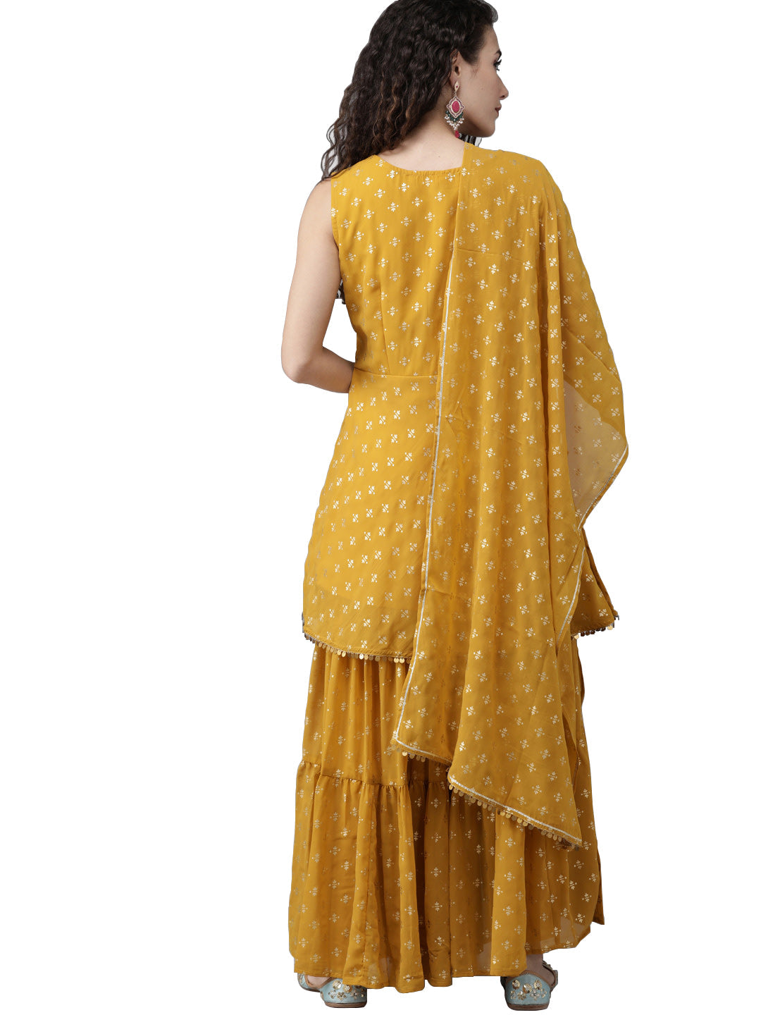 Ahalyaa Women's Mustard & Gold-Toned Printed Kurti with Sharara & Dupatta