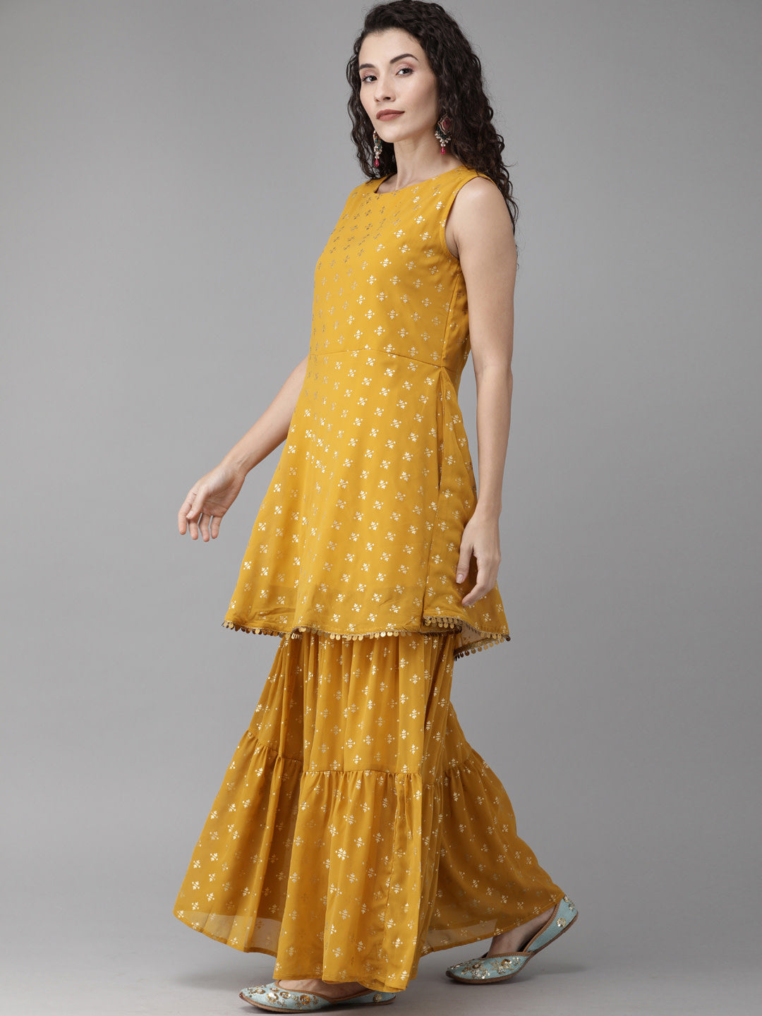 Ahalyaa Women's Mustard & Gold-Toned Printed Kurti with Sharara & Dupatta