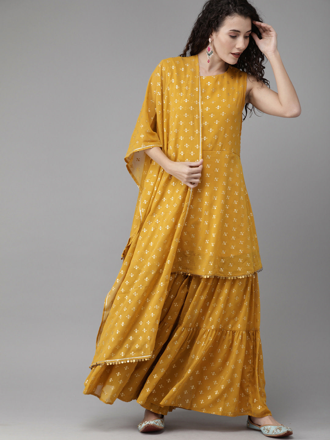 Ahalyaa Women's Mustard & Gold-Toned Printed Kurti with Sharara & Dupatta