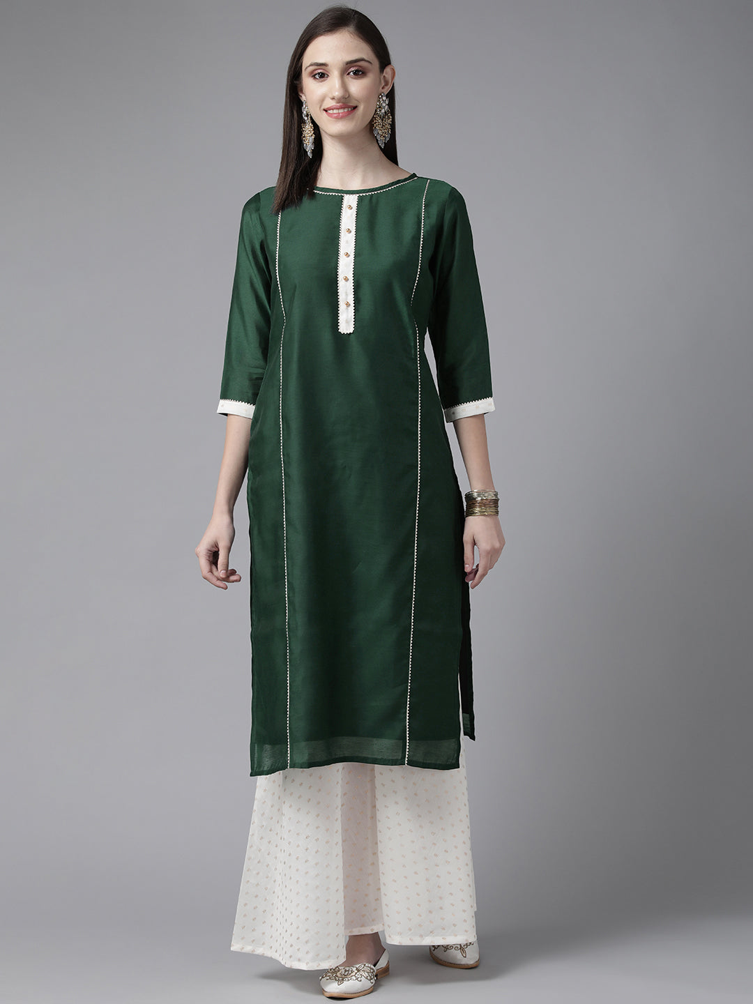 Ahalyaa Women Dark Green Plain Chanderi Kurta with Sharara Set