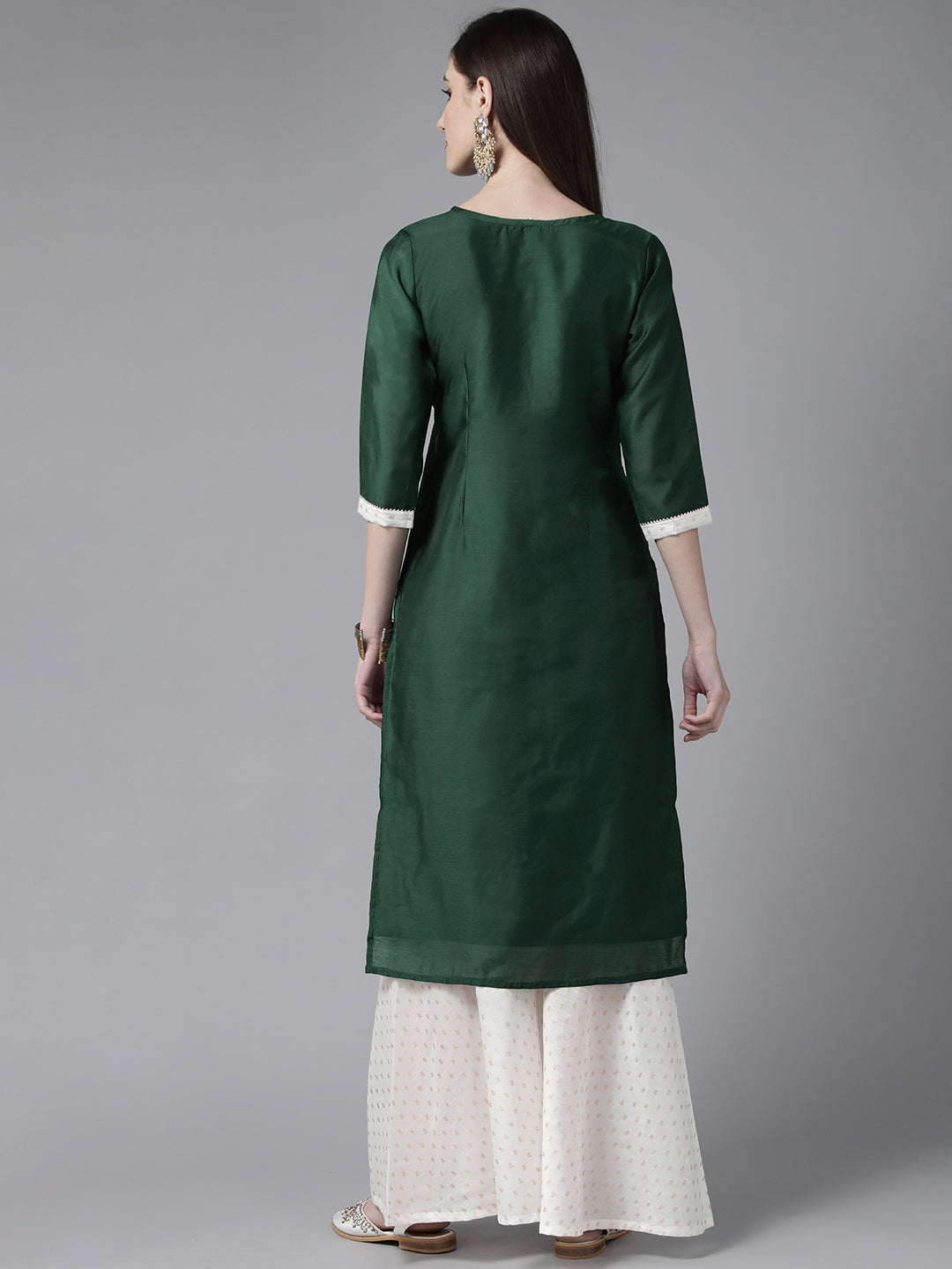 Ahalyaa Women Dark Green Plain Chanderi Kurta with Sharara Set