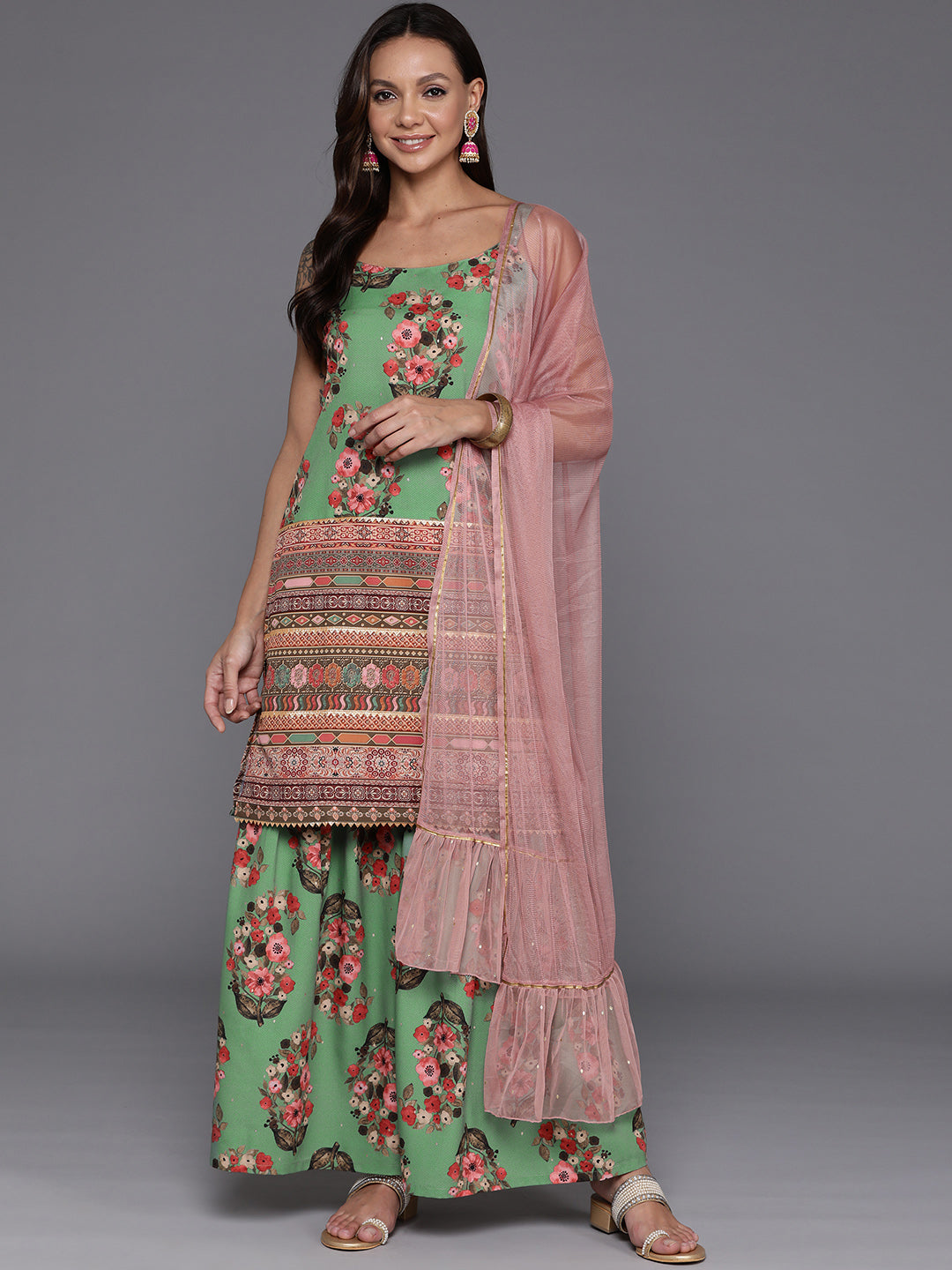 Women Floral Printed Regular Gotta Patti Kurta with Sharara & With Dupatta