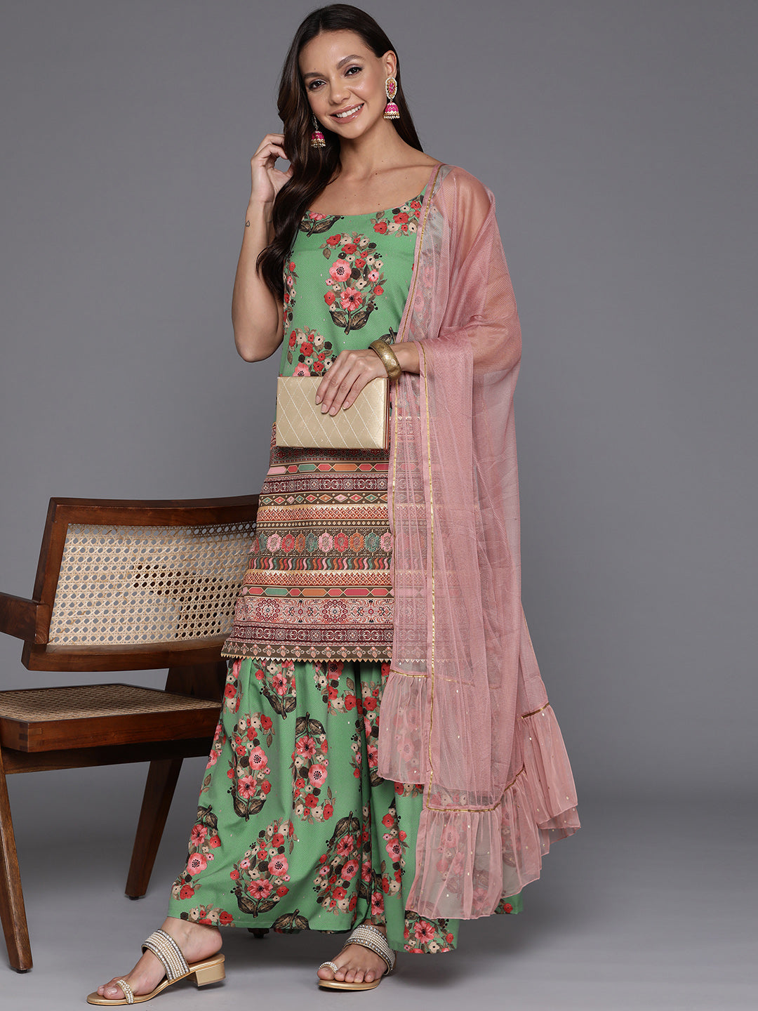 Women Floral Printed Regular Gotta Patti Kurta with Sharara & With Dupatta