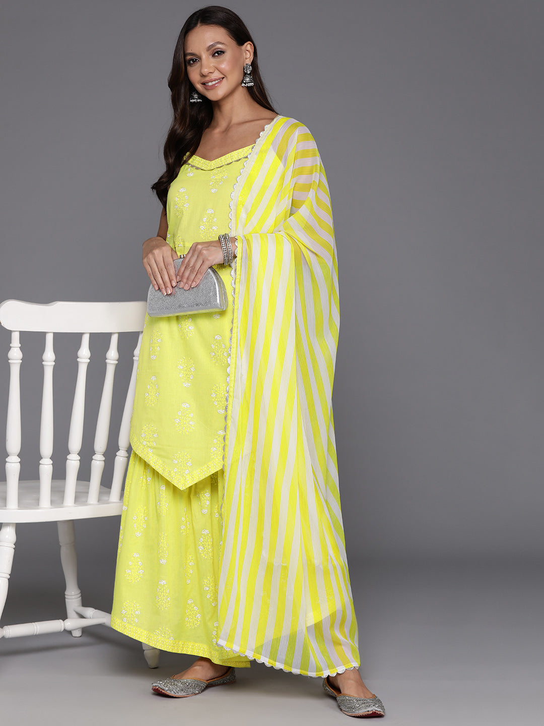 Women Floral Printed Gotta Patti Pure Cotton Kurta with Sharara & With Dupatta