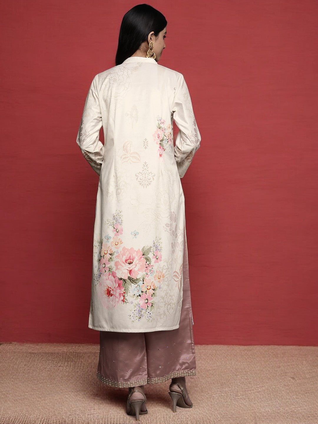 Cream & Pink Floral Printed Gotta Patti Floral Velvet Kurta