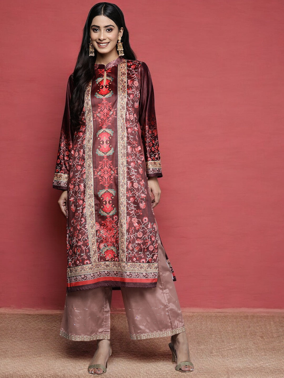 Burgundy & Golden Floral Printed Gotta Patti Floral Velvet Kurta