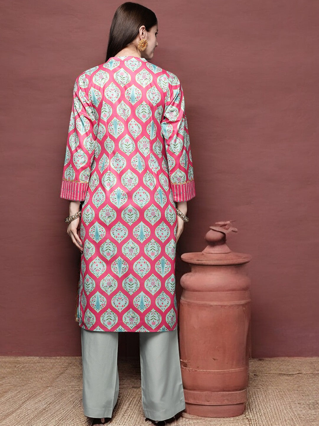 Pink & Sea Green Floral Printed Gotta Patti Velvet Kurta