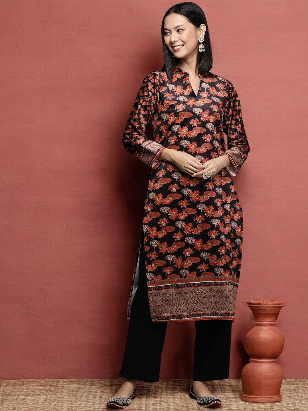 Black & Orange Floral Printed Gotta Patti Velvet Kurta