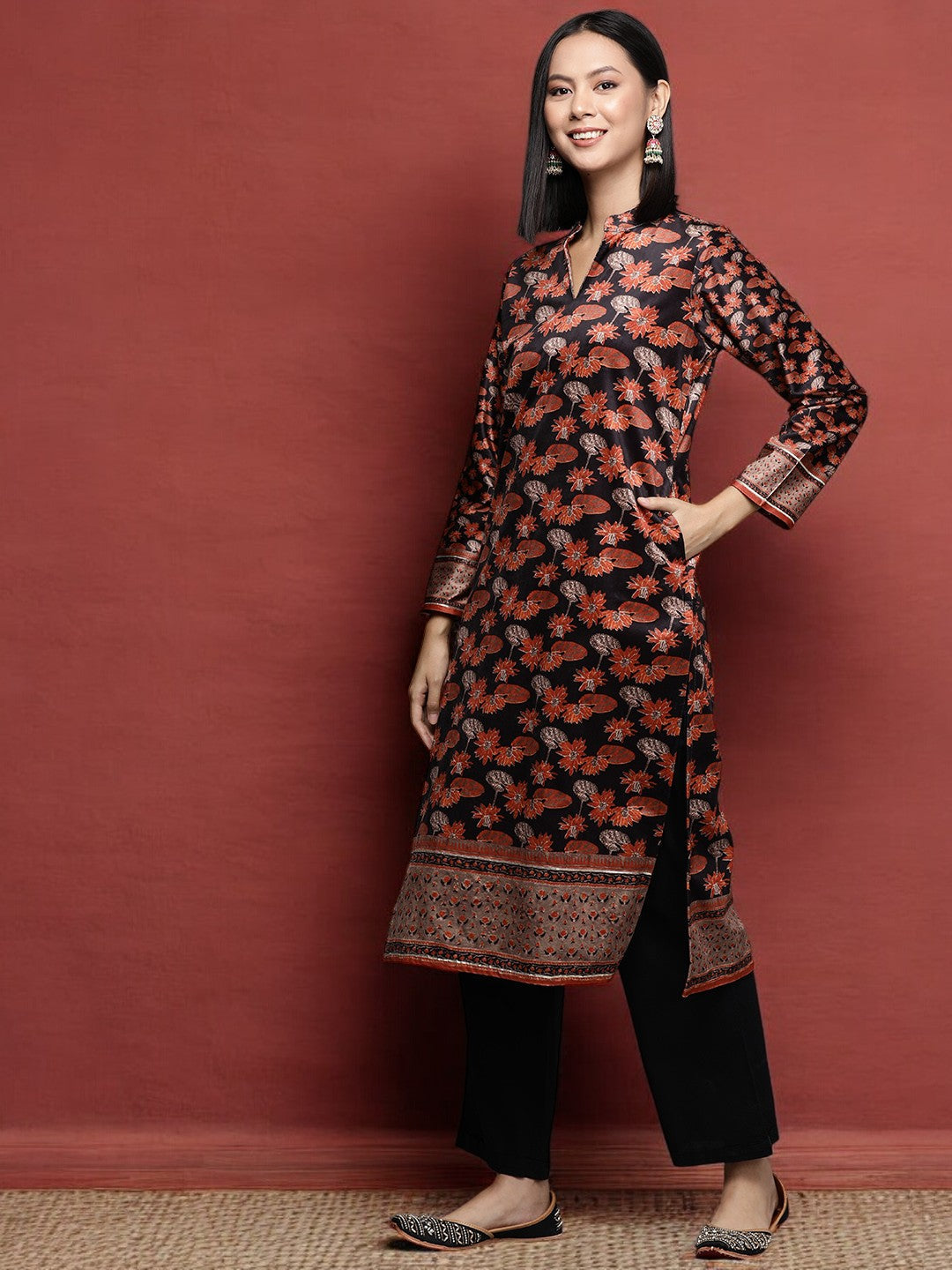 Black & Orange Floral Printed Gotta Patti Velvet Kurta