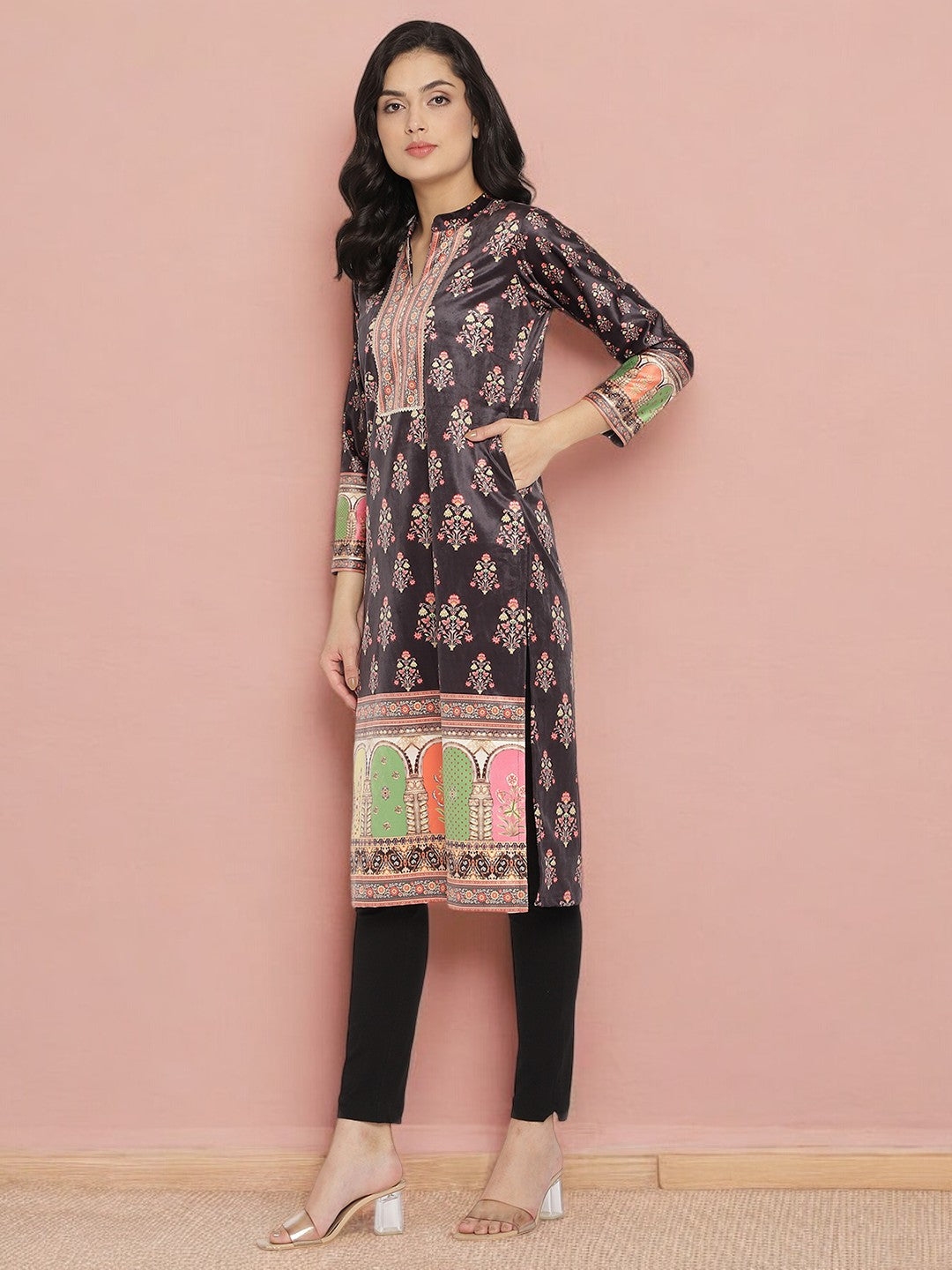 Black Color Digital Print Velvet Kurta