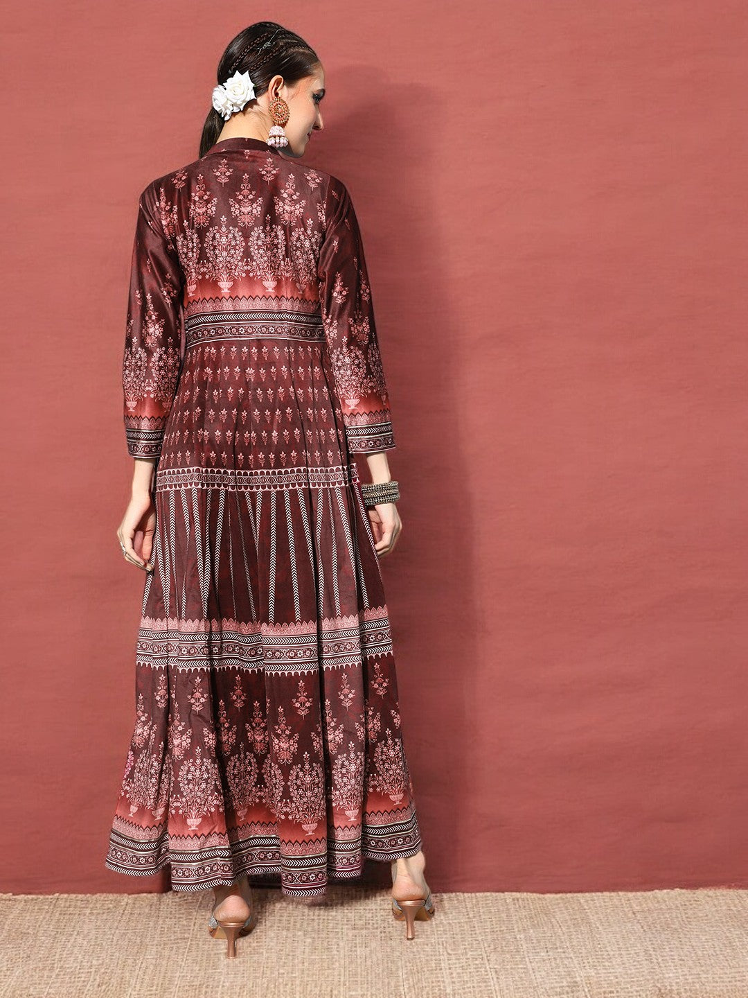 Burgundy Digital Printed Velvet Ethnic Dress