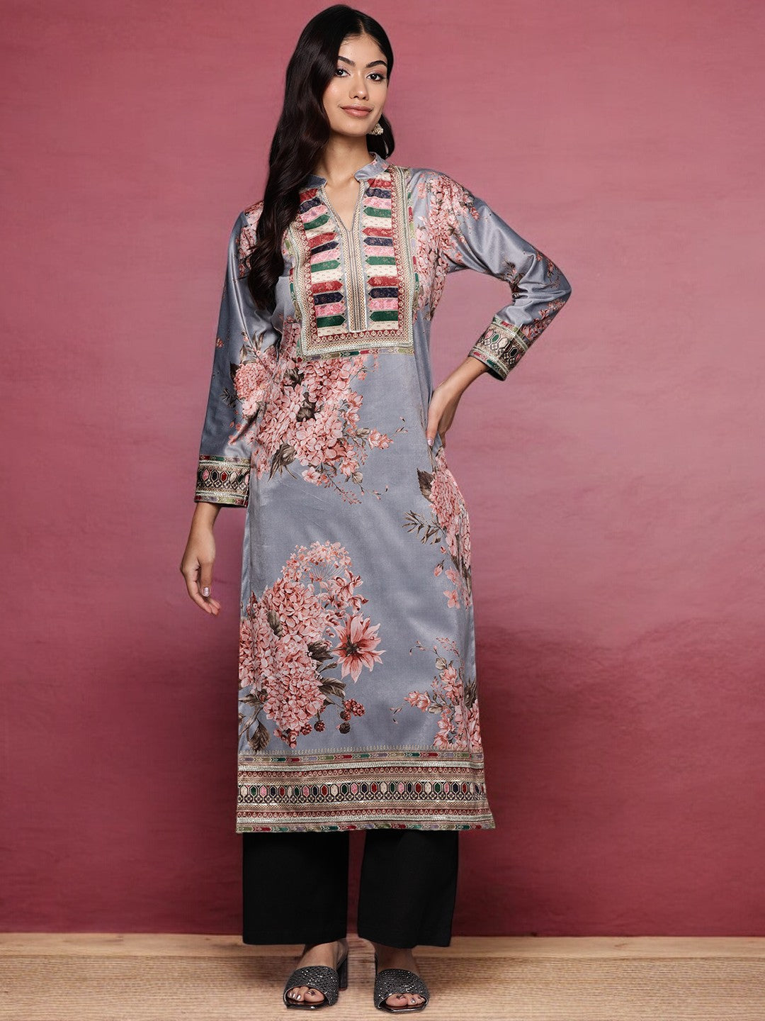 Grey Floral Printed Velvet Kurta