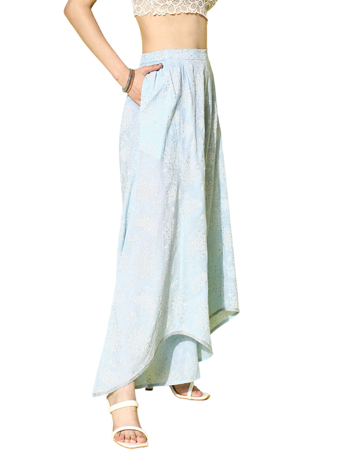 Ahalyaa Women Off White & Blue Floral Printed Flared Ethnic Palazzos