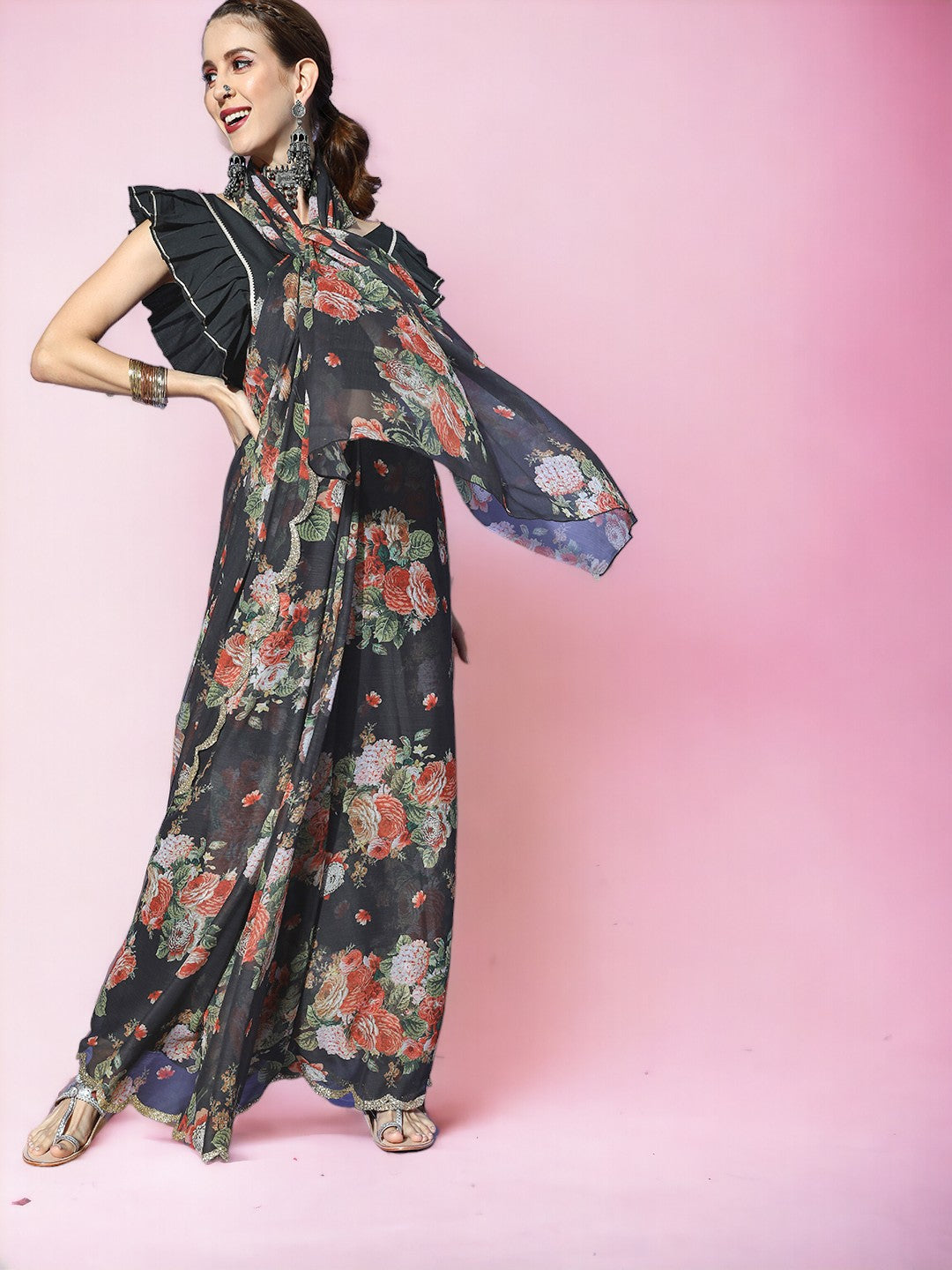 Floral Saree With Zari Border