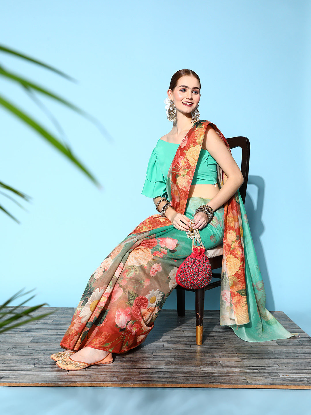 Green & Brown Floral Printed Saree