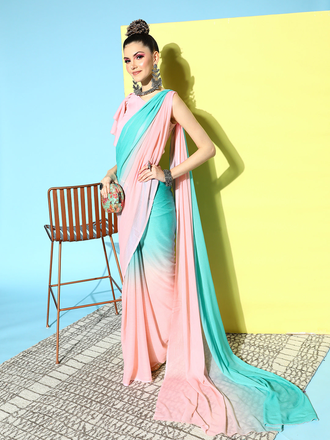 Pink Ombre Dyed Poly Chiffon Saree