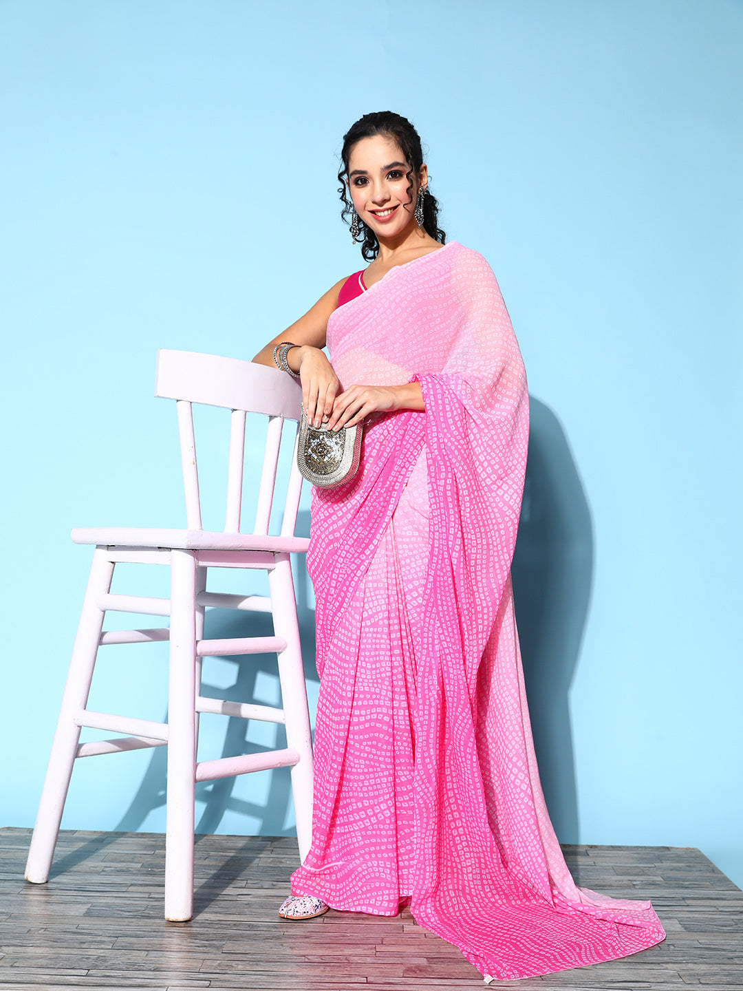 Pink Bandhani Printed Chiffon Saree