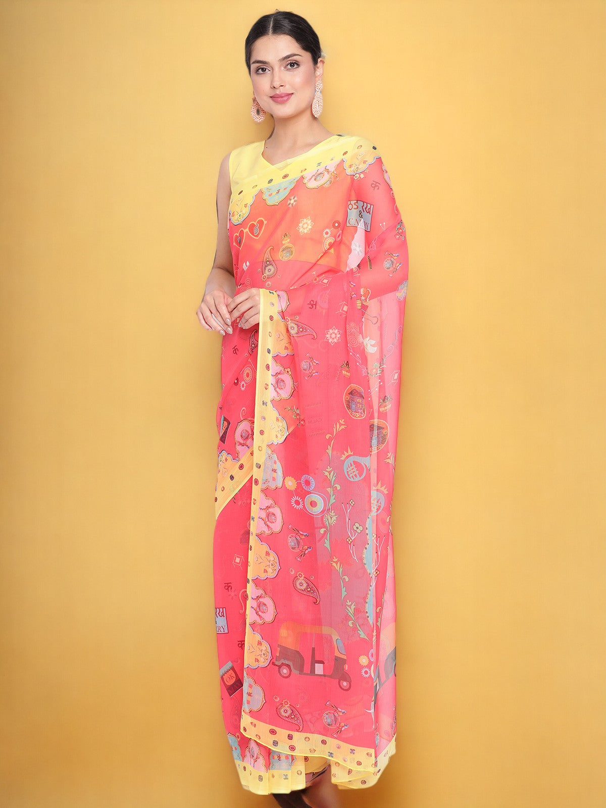 Pink & Yellow Quirky Print Saree