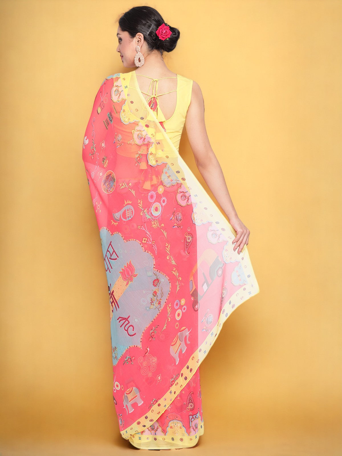 Pink & Yellow Quirky Print Saree