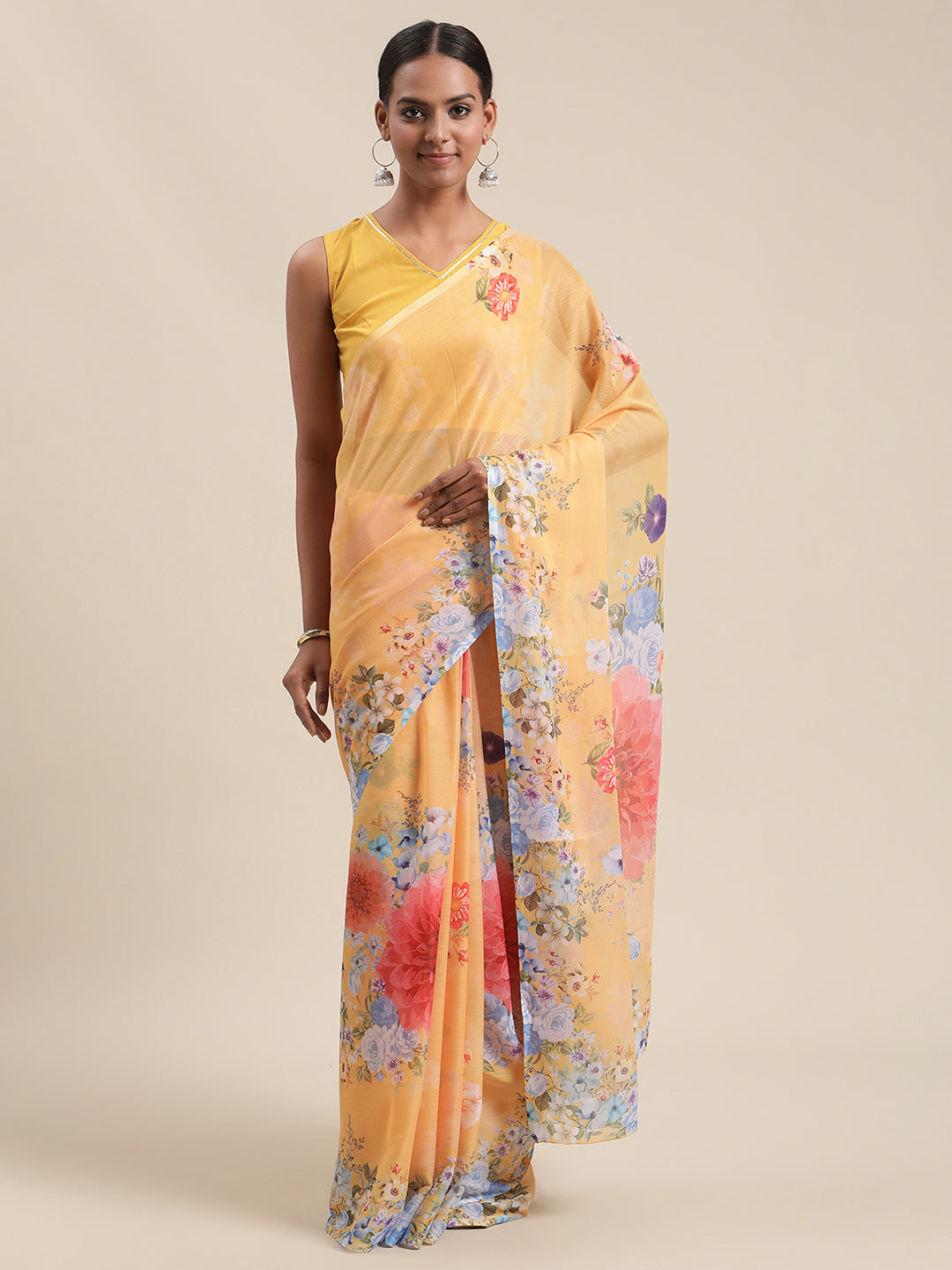 Yellow & Red Floral Printed Saree